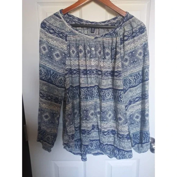 Chaps Long Sleeve Blue Boho Relaxed Blouse - Women's Size L - Picture 3 of 15